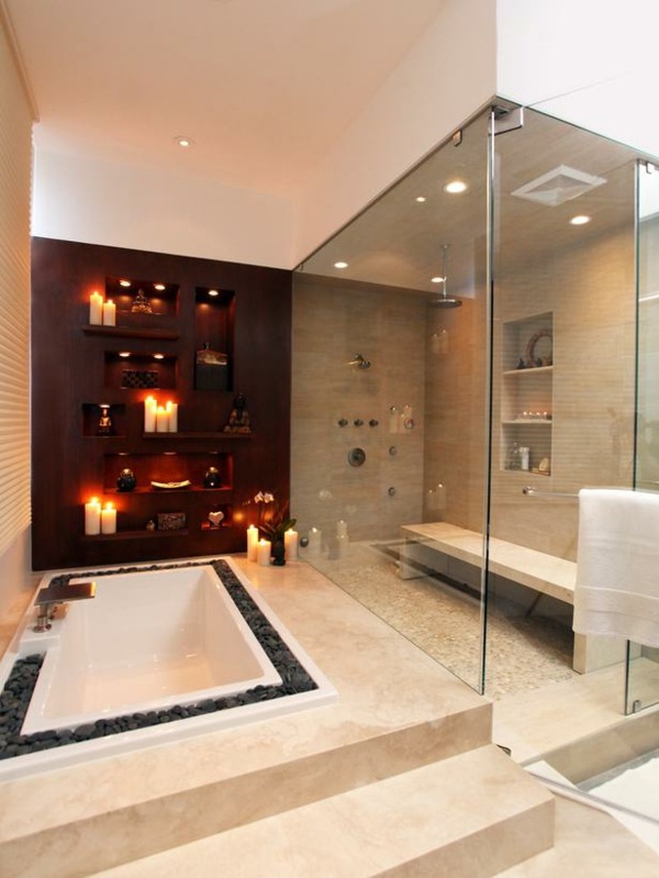 salle de bain de luxe baignoire sol douche encastrée plafond