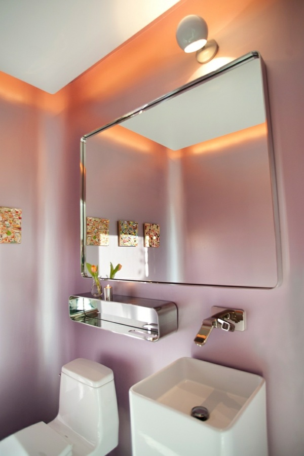 salle de bain rose pastel sanitaire blanc miroir chrome