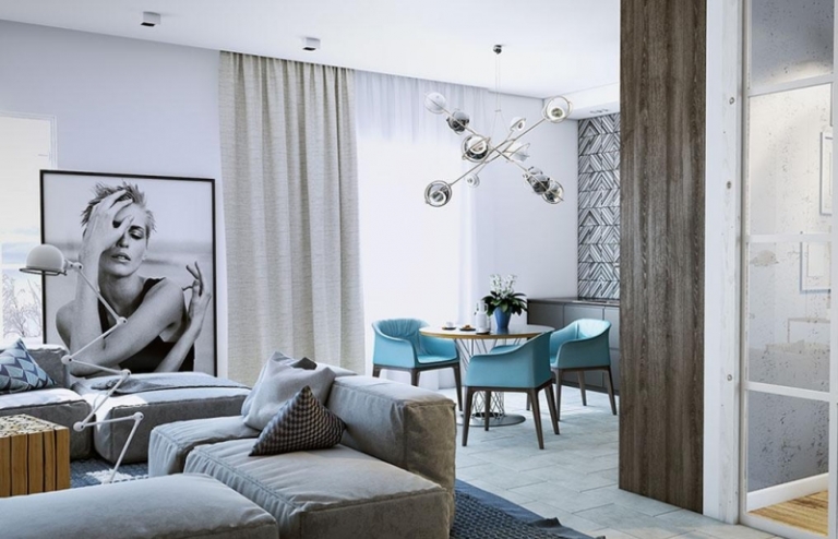 salon-blanc-gris-chaises-bleues-décoration-intérieur-artistique