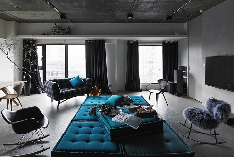 salon-décoré-gris-meubles-design-accents-turquoise