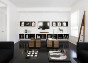 salon noir et blanc design moderne-aménagement-symétrique