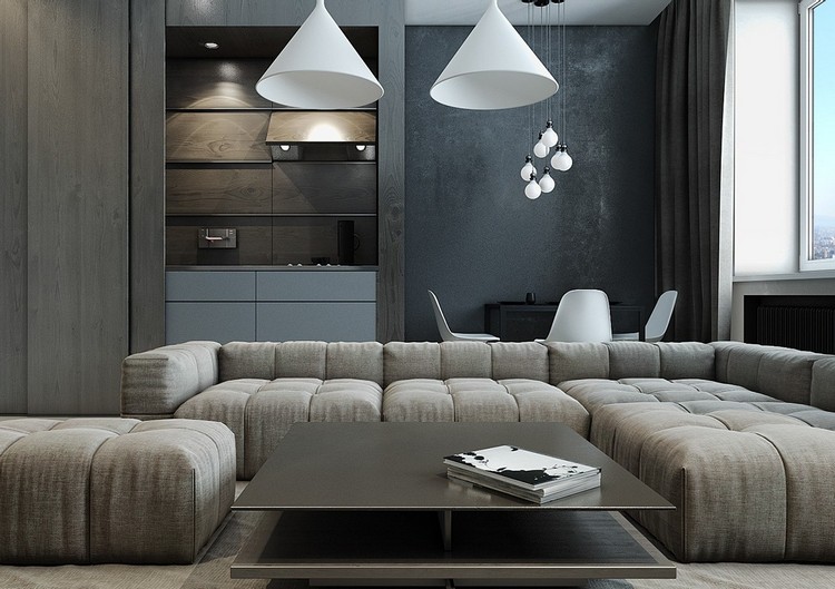 salon-noir-blanc moderne canapé-design-gris-suspensions-coniques