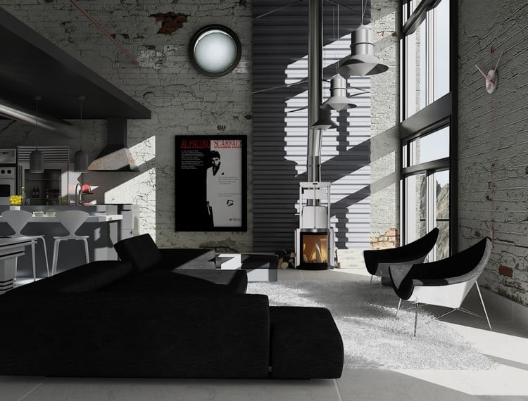 salon-noir-blanc-mur-brique-décoration-industrielle