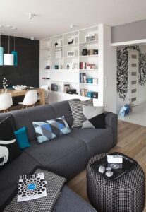 salon salle manger canapé gris chaises design blanches
