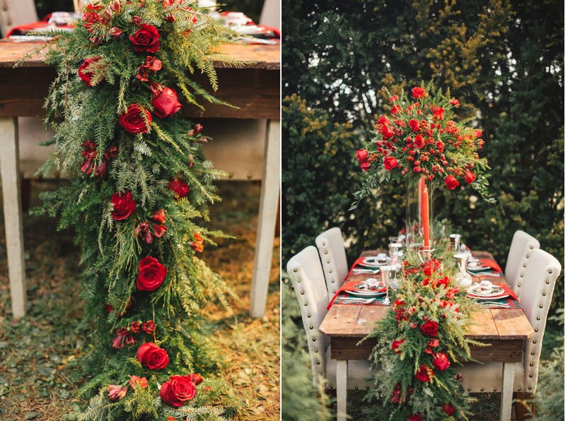 table-honneur-campagne-chic-déco-branches-sapin-roses-rouges