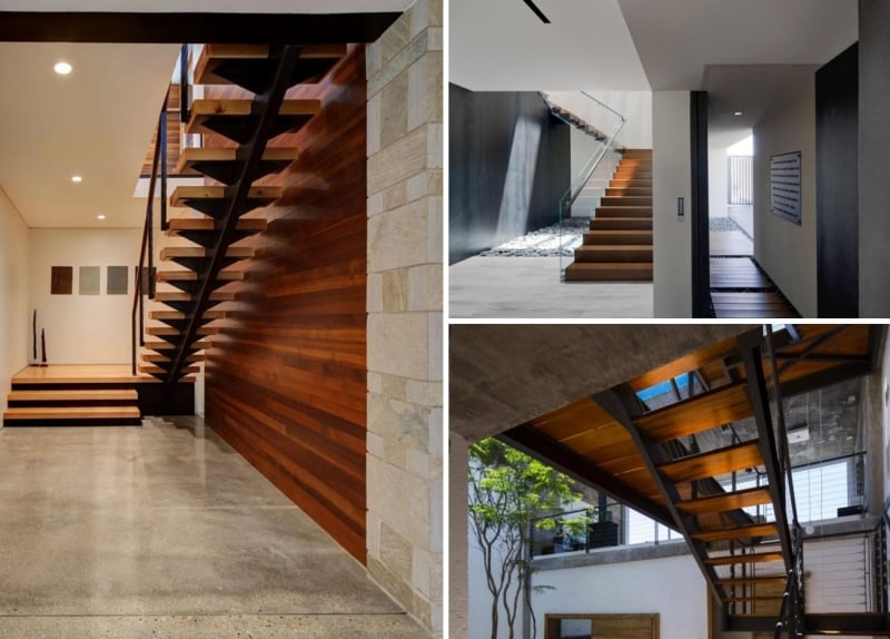 types escaliers modernes bois massif acier noir