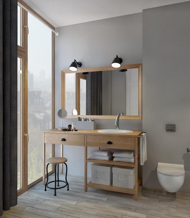 vanité salle bains bois clair appliques vintage déco-scandinave