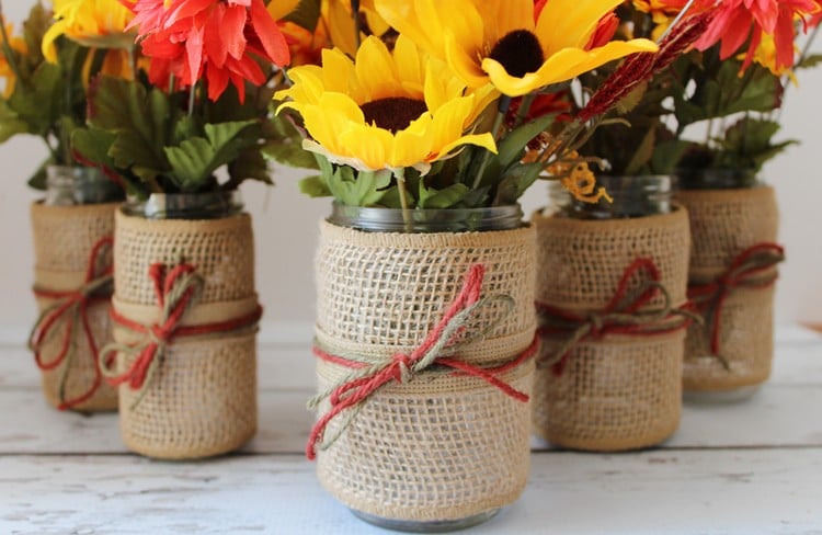 vases décorés toile jute bricolage-maison facile automne