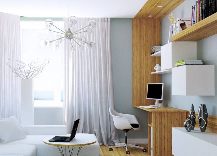 amenagement-bureau-maison-meuble-bureau-bois-modules-blancs-étagères-chaise-blanche-canapé