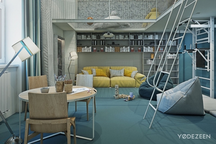 amenagement-interieur-maison-chambre-enfant-pouf-canape-droit-jaune-rembouree-coin-repas