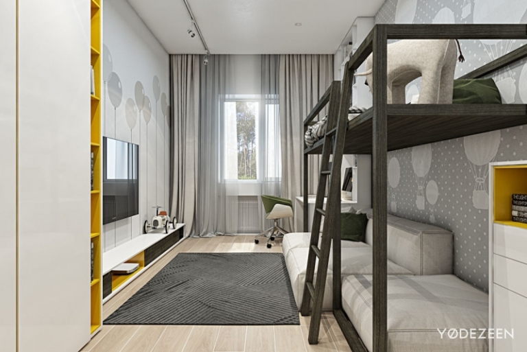 aménagement intérieur maison-lit-susperposes-tapis-noir-meuble-tele-canape-droit