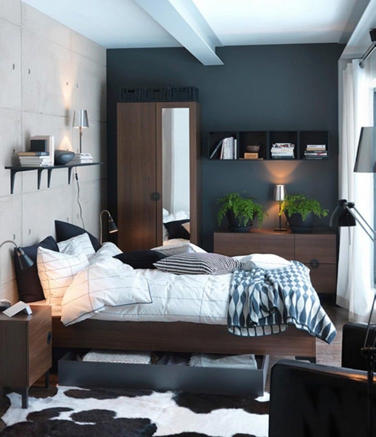 aménagement petite chambre -sombre-mobilier-bois-massif-lit-rangement