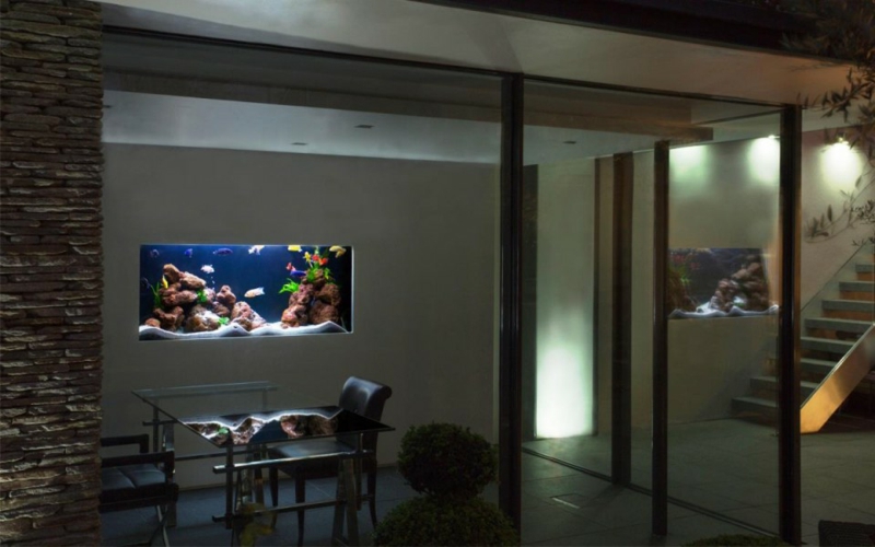 aquarium-maison-encastrer-mur-poissons-multicolores-table-verre-chaises-cuir aquarium maison