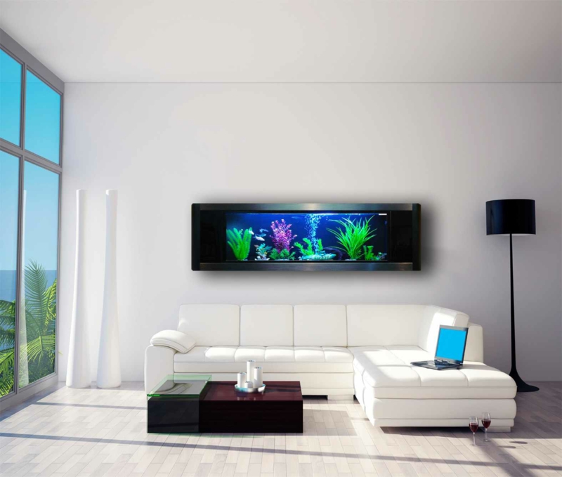 aquarium-maison-moderne-rectangulaire-encastrer-mur-canapé-blanc-table-basse-bois