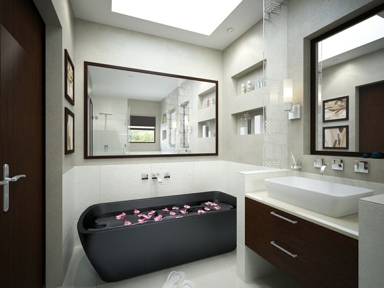 baignoire-îlot noire rectangulaire meuble vasque salle bain bois blanc
