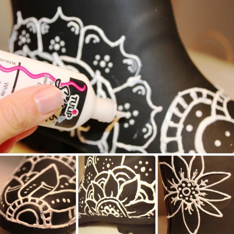 bottes caoutchouc fantaisie fleurs peinture relief 3D fond noir