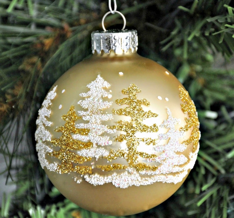 boule-Noel-decorer-coloriée-or-sapins-glitter-or-blanc