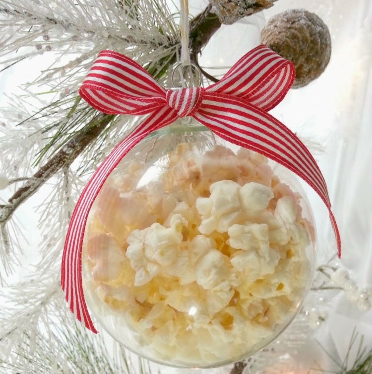 boule-Noel-decorer-transparente-popcorn-noeud-rayé-rouge-blanc
