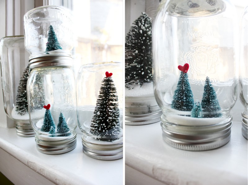 boule à neige faite maison Noël sapin coeurs bocaux Mason jar