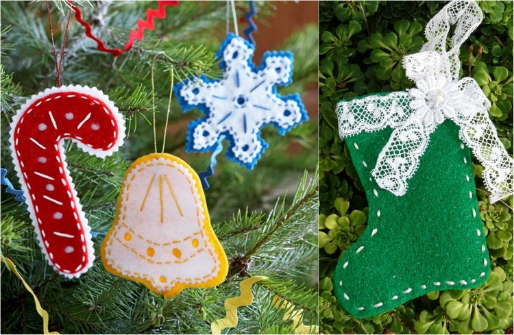 bricolage-de-noel-enfants-batons-rouge-cloche-ruban-dentelle-sapin