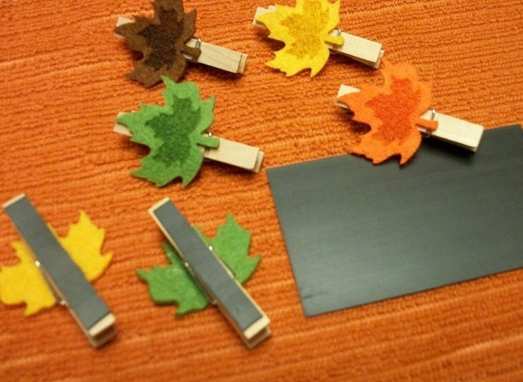 bricolage-decoration-automne-bandes-aimant-pinces-linge-bois-feuilles-feutre-multicolores