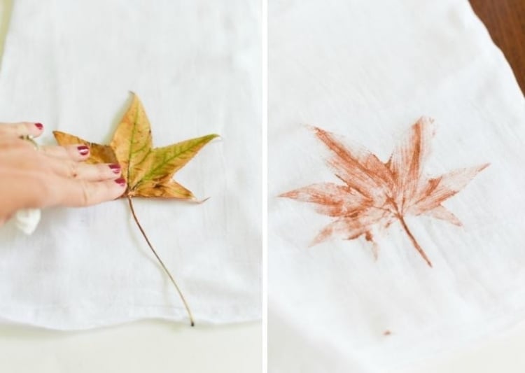 bricolage-decoration-automne-déco-serviette-tissu-blanc-impressions-feuilles-couleur-cuivre