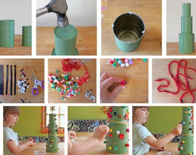 bricolages-Noel-materiaux-recycles-arbre-noel-boites-conserves-peinture-verte-pompons-DIY