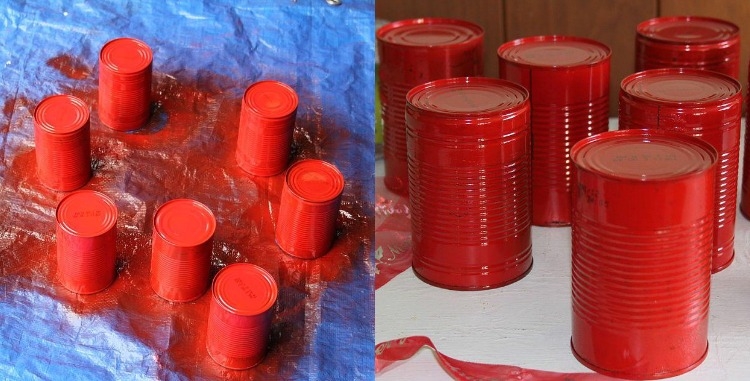bricolages-Noel-materiaux-recycles-boites-conserves-peinture-acrylique-rouge
