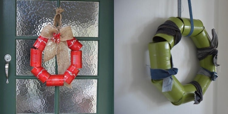bricolages-Noel-materiaux-recycles-couronnes-porte-boîtes-conserves-rouges-vertes-noeud-jute