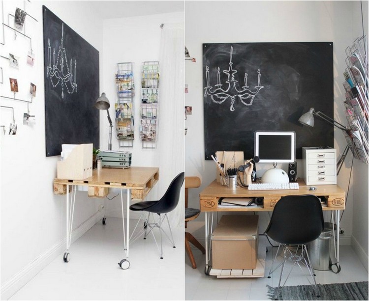 bureau-en-bois-palettes-tableau-noir-chaise-espace-rangement-poubelle