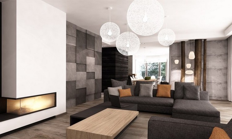 canapé-gris-anthracite chiné coussins tons terreux cheminée design moderne