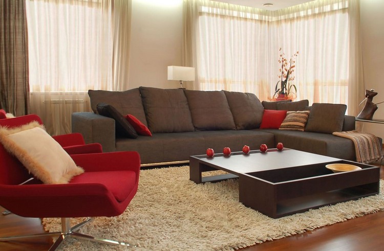 canapé-gris-anthracite tapis shaggy beige fauteuil rouge