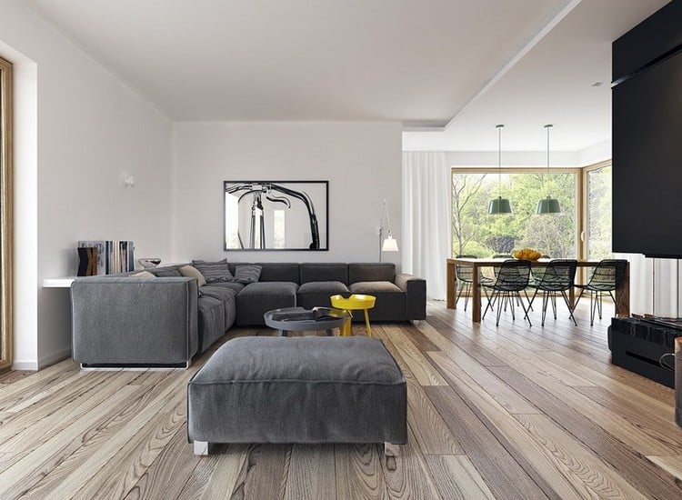canapé-gris-moderne angle plancher bois massif chaleureux