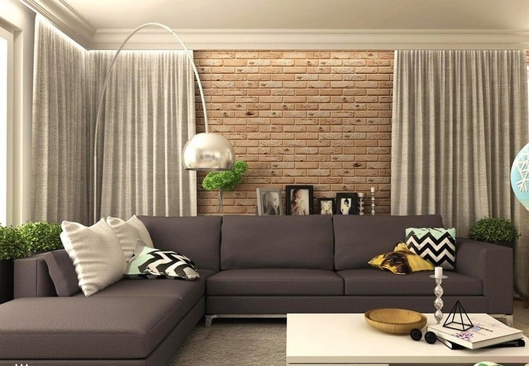 canapé-gris-moderne canapé angle coussins chevrons lampadaire design-mur-brique