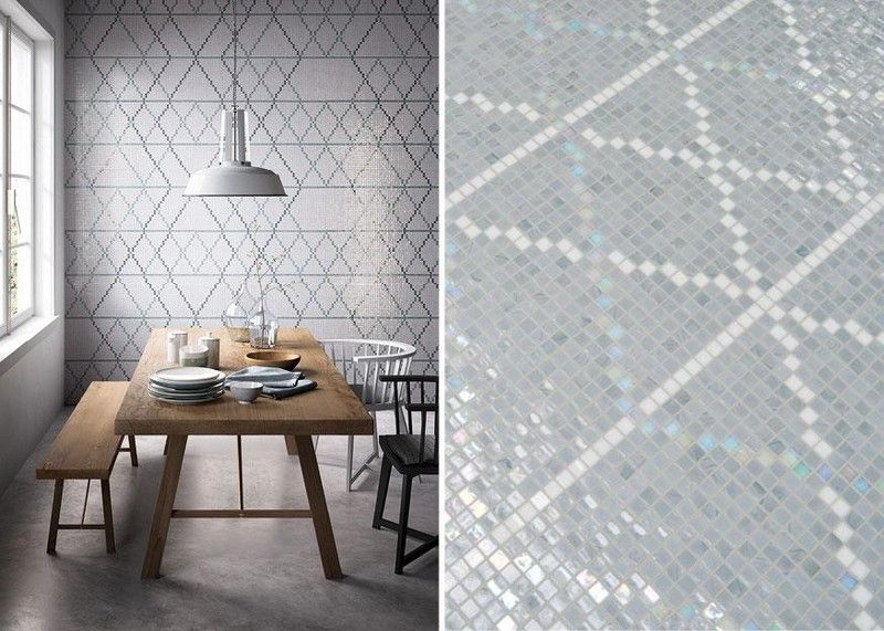 carrelage-mosaique-cuisine-gris-clair-motifs-géométriques-noir-blanc-salle-manger-table-bois carrelage mosaïque