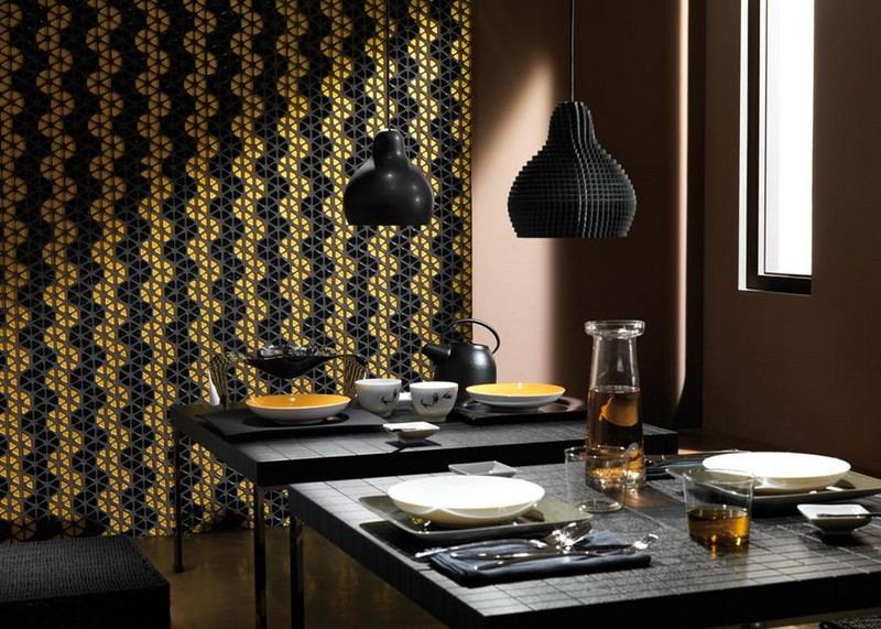 carrelage-mosaique-cuisine-motif-ondulé-noir-or-salle-manger