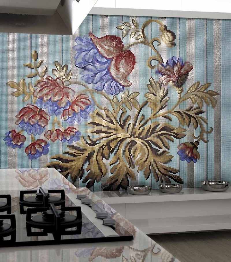 carrelage-mosaique-cuisine-rayures-bleu-beige-motifs-floraux carrelage mosaïque