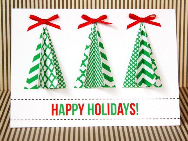 carte-Noel-fabriquer-arbres-noel-carton-blanc-vert-noeuds-rouges