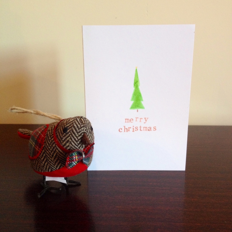 carte-Noel-fabriquer-tamponnée-encre-vert-sapin-ornement-sapin-oiseau-tissu carte de Noël à fabriquer