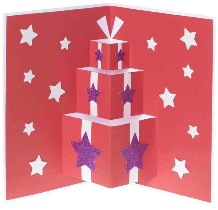 carte-pop-up-Noel-boîtes-cadeaux-carton-rouge-blanc-étoiles-pailletées
