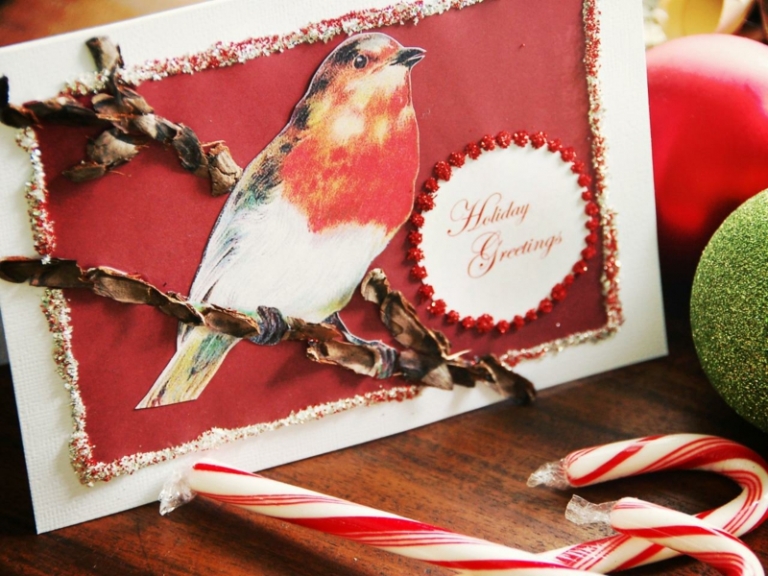carte-vœux-Noël faite maison découpage oiseau collage