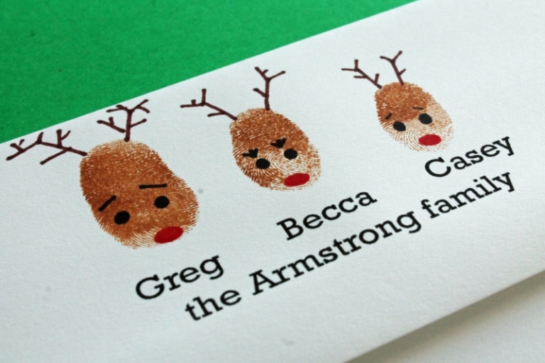 carte de vœux Noël faite maison rennes empreintes famille