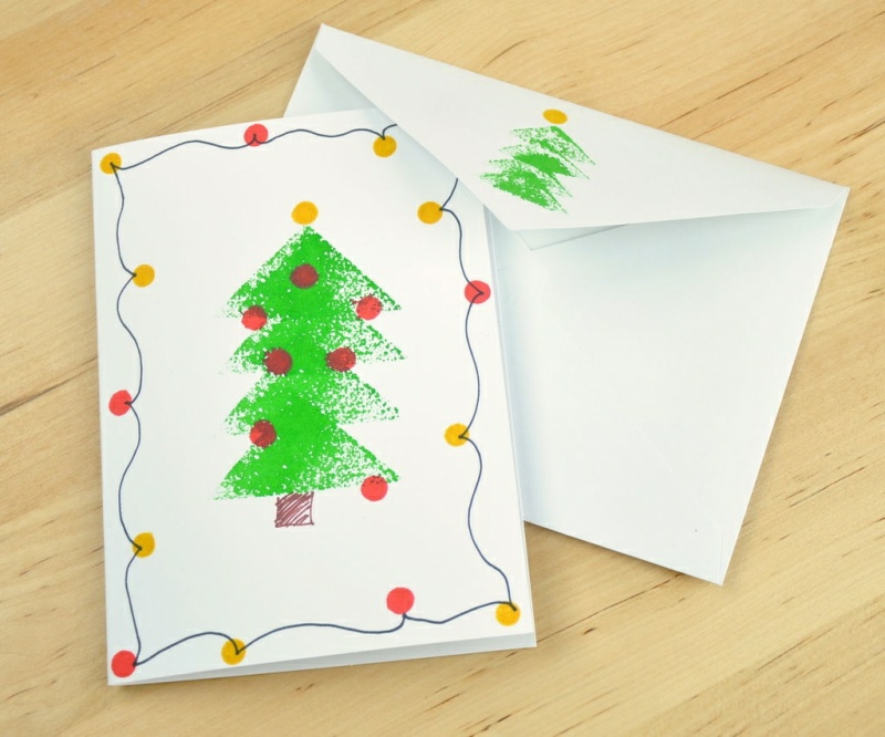 carte-vœux-Noël faite maison sapin triangles tampon pomme de terre