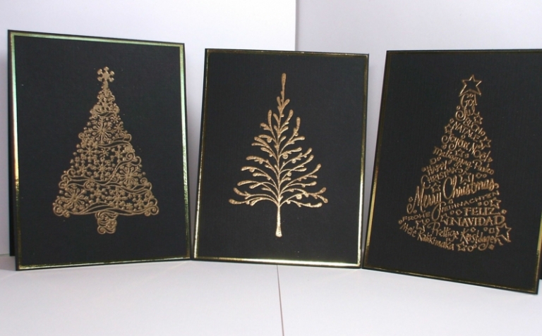 carte-vœux-Noël-faite maison sapins filigrane couleur or