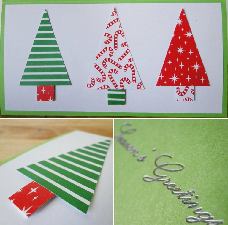 carte-vœux-Noël faite maison sapins papier carton rouge vert