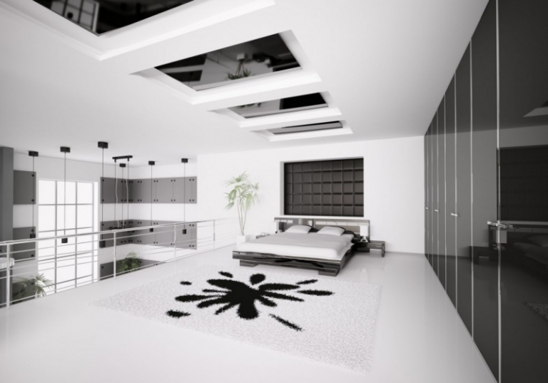 chambre-blanche-noire-tapis-deco-grand-lit-tete-lit-armoires-rangement