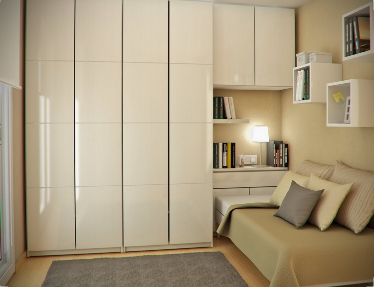 chambre enfant petit-espace-armoire-rangement-blanche-coussins-etageres-rangement-lampe-poser