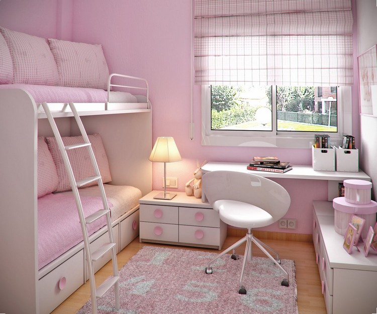 chambre enfant petit-espace-chaise-roulettes-tapis-lampe-poser-bureau-lit-superpose