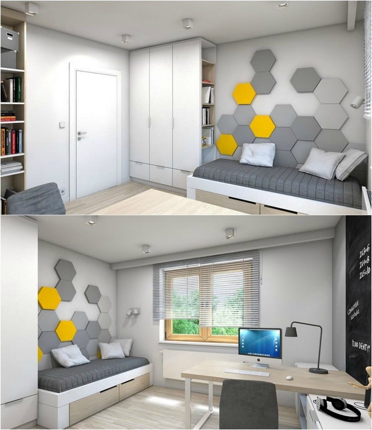 chambre-enfant-petit-espace-deco-murale-hexagone-bureau-plateau-bois-chaise-peinture-blanche