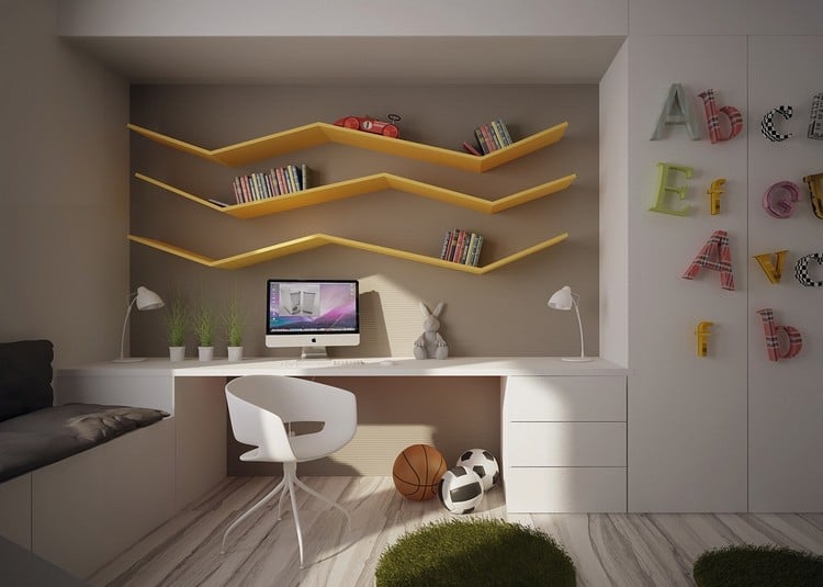 chambre-enfant-petit-espace-etageres-murales-jaune-armoire-chaise-bureau-garcon